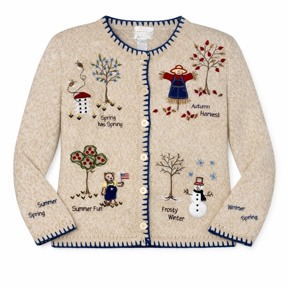 Christopher & Banks Beige Embroidered Seasons Cardigan with Navy Trim